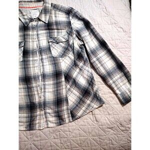 Style&Co. Men's XL Gray White Plaid Woven Cotton Button-Up Shirt Pockets